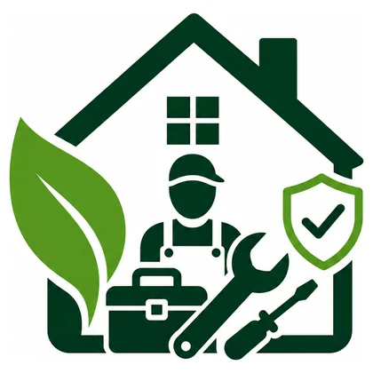 Zeichen für Hausmeisterservice: Haus mit Handwerker, Werkzeug und Schutzschild