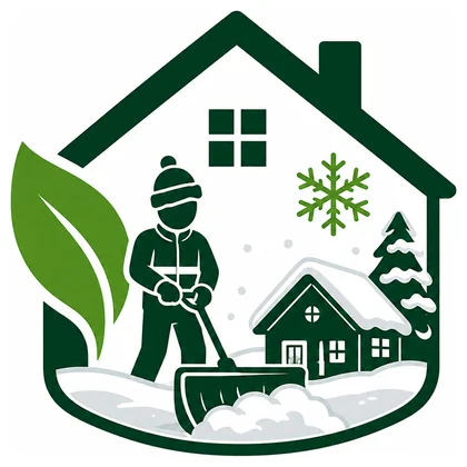 Zeichen für Winterdienst: Haus mit Schneeschieber und verschneitem Ferienhaus