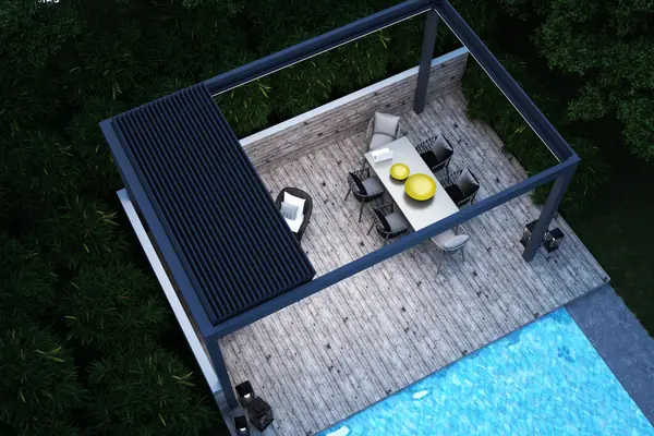 Lamellendach aus Aluminium über einer Holzterrasse am Pool, von oben gesehen